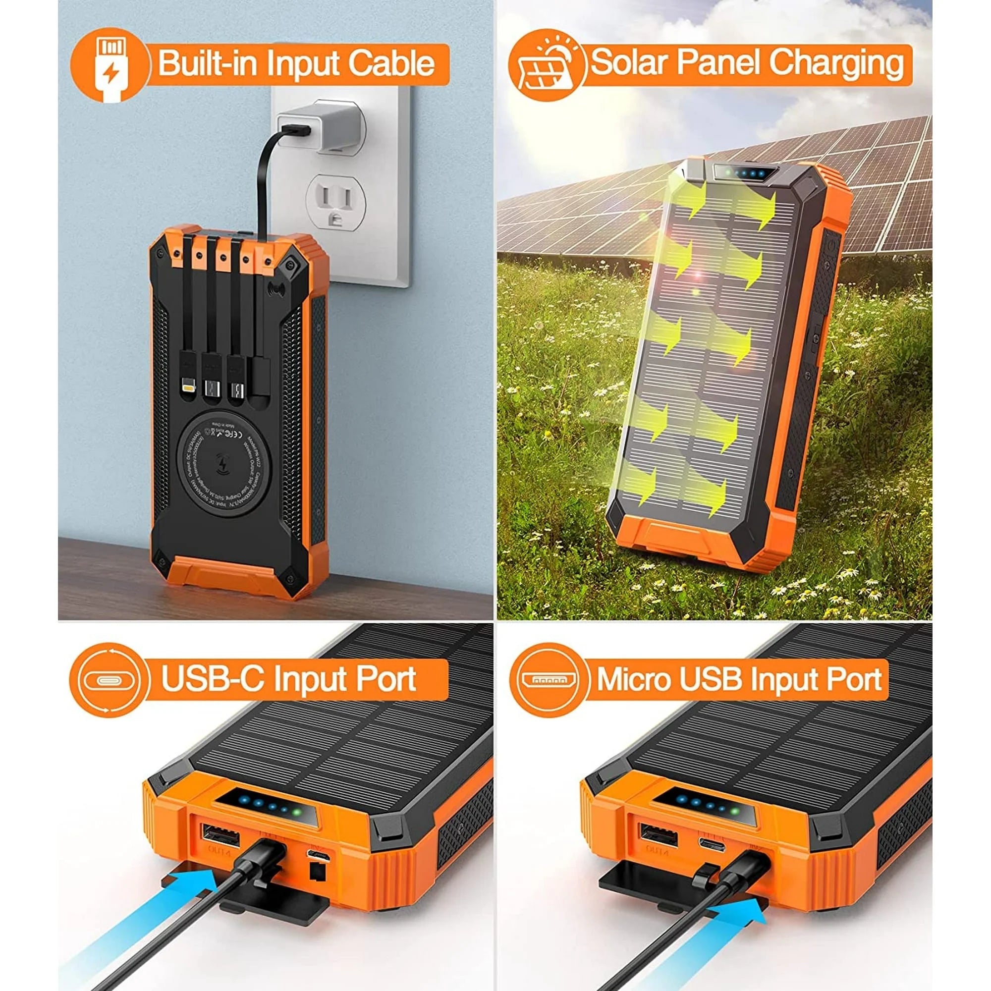 36000Mah Solar Power Bank 15W Fast Charging with Cables & Wireless Charger, Solar Charger Compatible for Iphone & Android Phone