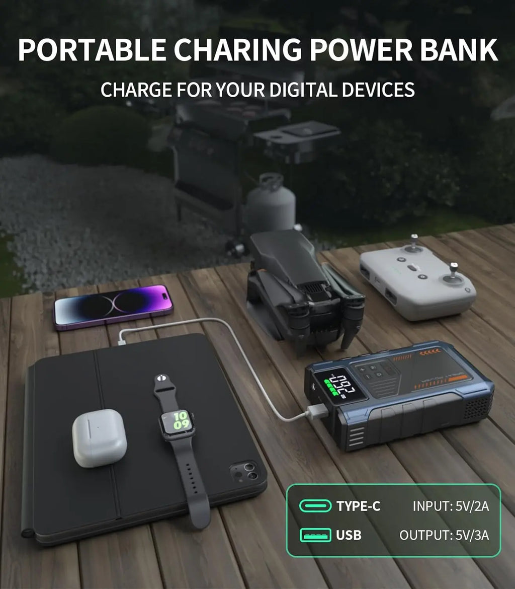 3000A Portable Car Emergency Power Starter, It Has 5 Functions, Air Pump, Charging Bank, LED Flashlight, Car Power Start, Equipment Screen Real-Time Detection of Expansion Degree Battery Bank Portable Vehicle
