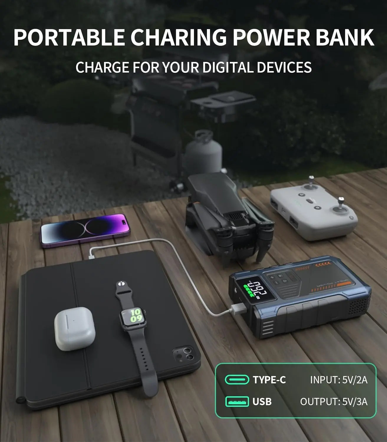 3000A Portable Car Emergency Power Starter, It Has 5 Functions, Air Pump, Charging Bank, LED Flashlight, Car Power Start, Equipment Screen Real-Time Detection of Expansion Degree Battery Bank Portable Vehicle