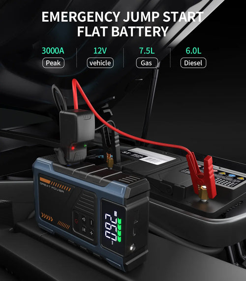 3000A Portable Car Emergency Power Starter, It Has 5 Functions, Air Pump, Charging Bank, LED Flashlight, Car Power Start, Equipment Screen Real-Time Detection of Expansion Degree Battery Bank Portable Vehicle