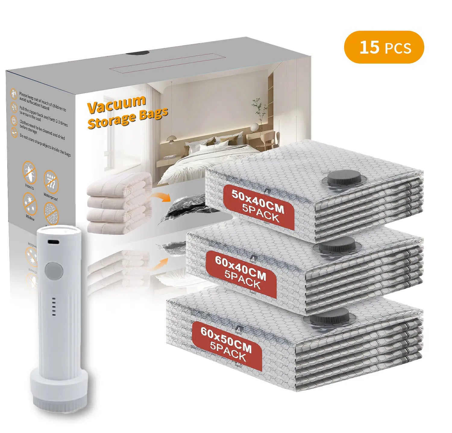 Mother'S Day Gifts [2026 Upgraded] Cordless Travel Vacuum Bag Set with USB-15/9 Pack Vacuum Compression Storage Bags,Savers for Clothing & Travel Essentials. Zipper Pouches, Outdoor Packing System, Hand Organizer, Christmas Variety Pack